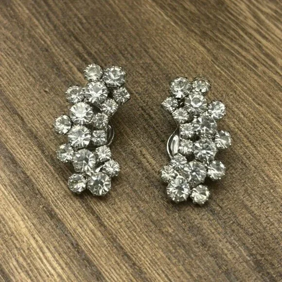 Vintage Weiss Stamped Clip-On Stunning Rhinestone Earrings 1.5" 1950’s - Picture 2 of 5